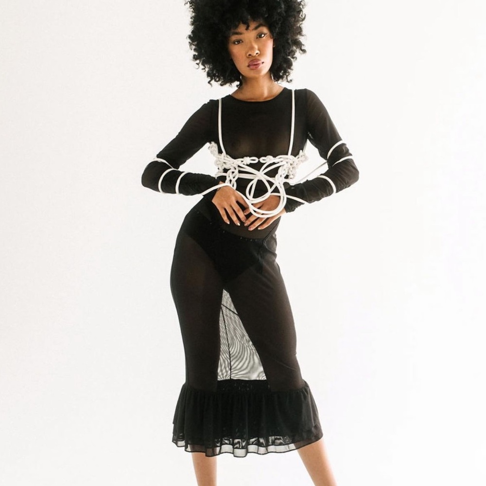 Black Sheer Midi Dress with White Rope Detail
